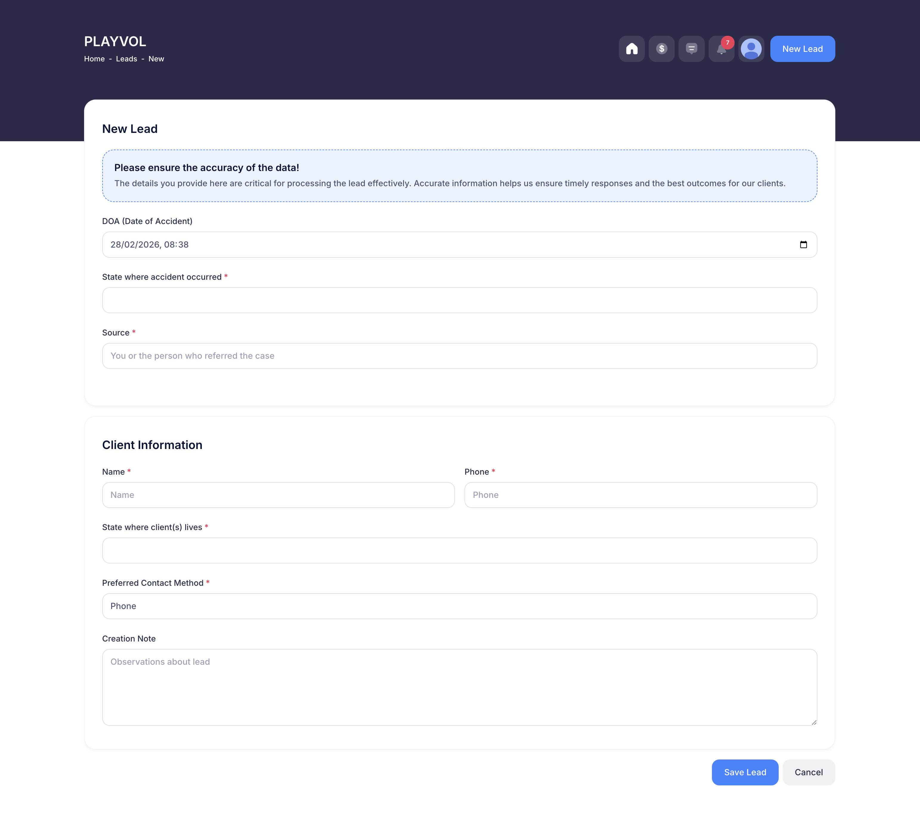 Report Incident - PLAYVOL CRM Workflow Report Incident - Your agents report car accidents with detailed information. The system automatically captures and creates leads for your organization.